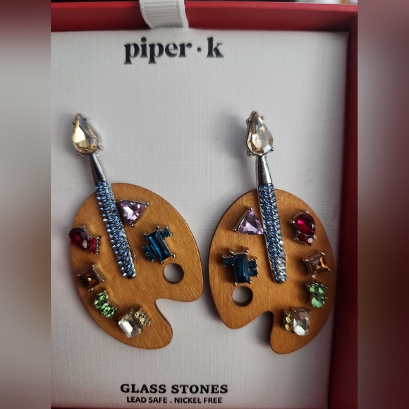 Piper K Artist Paint Palette Earrings Glass Stones & Real Wood - Picture 2 of 5
